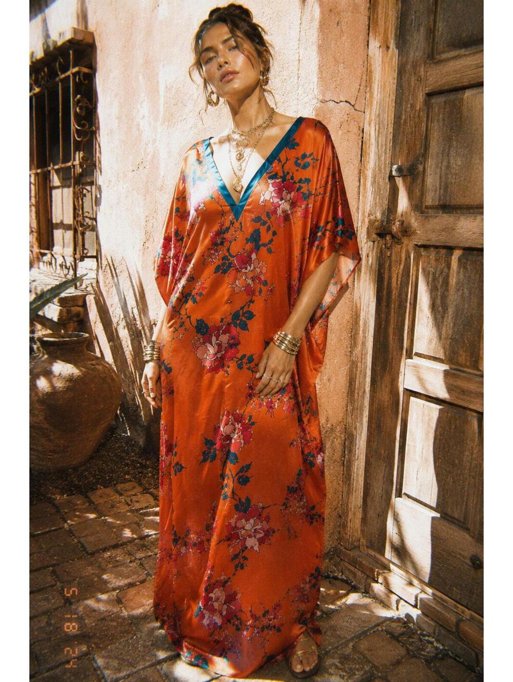 Orange Satin Floral Caftan Maxi Dress OS